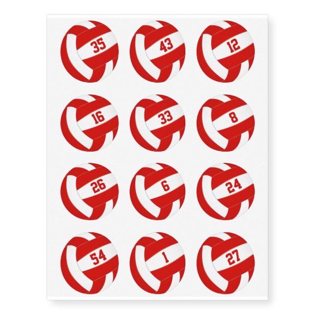 red white team color volleyballs w jersey numbers temporary tattoos (Front)