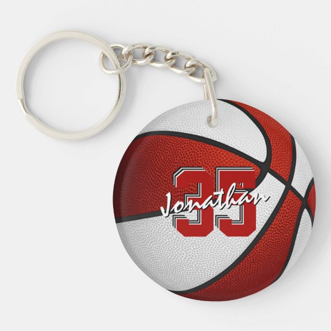 red white team colors boys girls basketball keychain (Front)