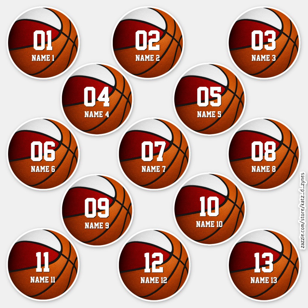 red white team colors gifts set of 13 basketball stickers