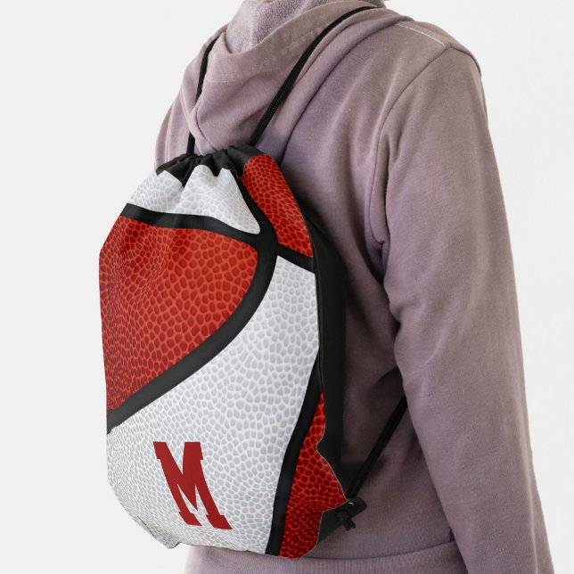 red white team colors girls boys basketball drawstring bag (Insitu)
