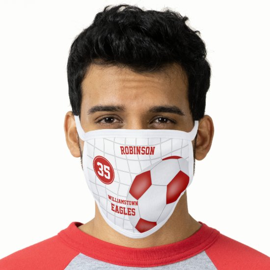 red white team colors jersey number soccer face mask
