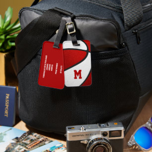 red white team colors monogram basketball luggage tag