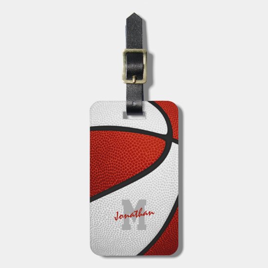 red white team colors monogram basketball luggage tag