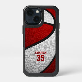 red white team colors personalized basketball OtterBox defender iPhone 13 mini case