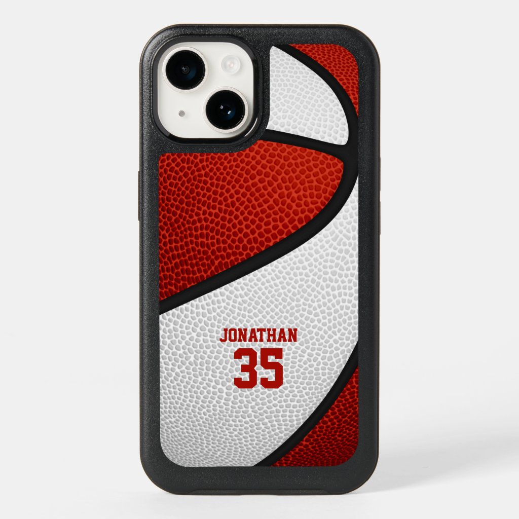 red white team colors personalized basketball OtterBox defender iPhone 13 mini case