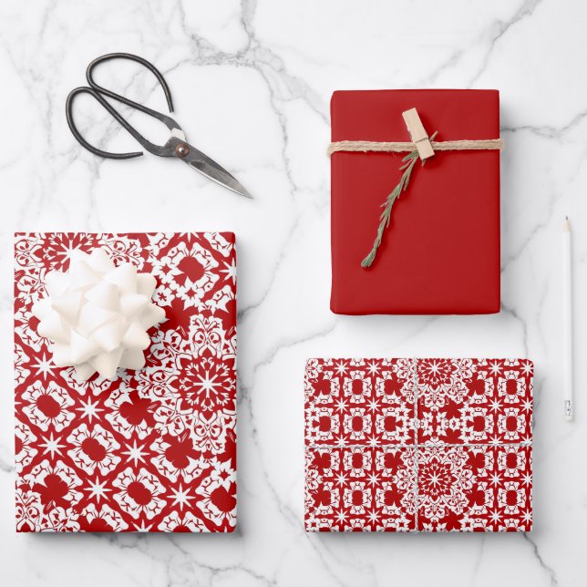 Red & White Tile Pattern Wrapping Paper Sheets (Front)