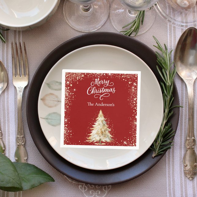 Red white tree snow glitter script Christmas Napkins (Creator Uploaded)
