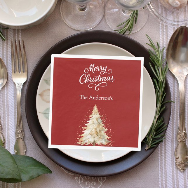 Red white tree snow script Christmas luncheon Napkins (Creator Uploaded)