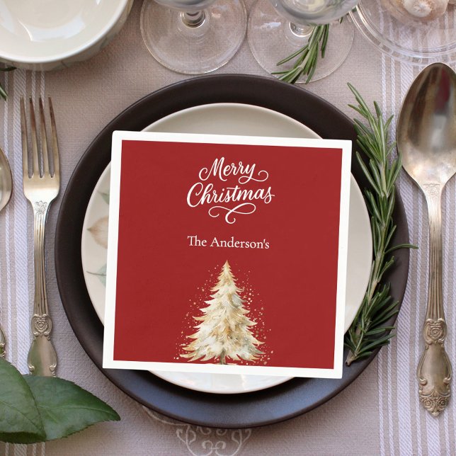 Red white tree snow script Christmas Napkins (Creator Uploaded)