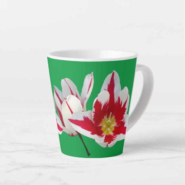 Red White Tulips Close Up Green Latte Mug (Right Angle)