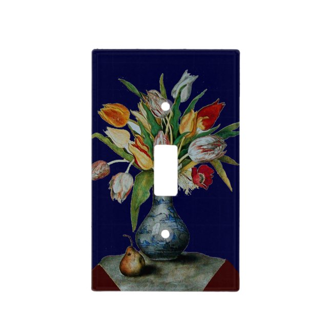 RED WHITE TULIPS VASE AND FRUIT ,Blue Floral Light Switch Cover (Front)