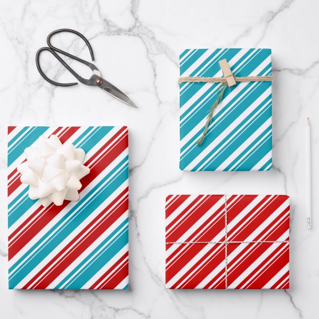 Red White Turquoise Blue Candy Cane Stripe Holiday Wrapping Paper Sheets (Front)