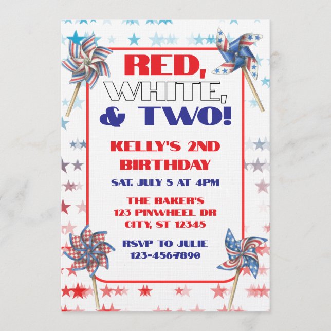 Red, White, & Two, 2nd Birthday Invitation (Front)