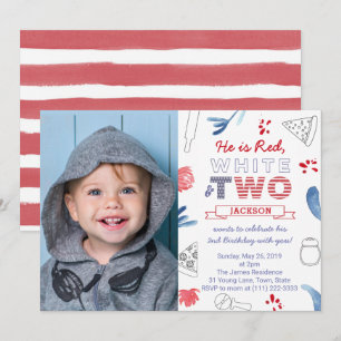 Red White TWO 2nd Birthday Party With Pizza Invitation
