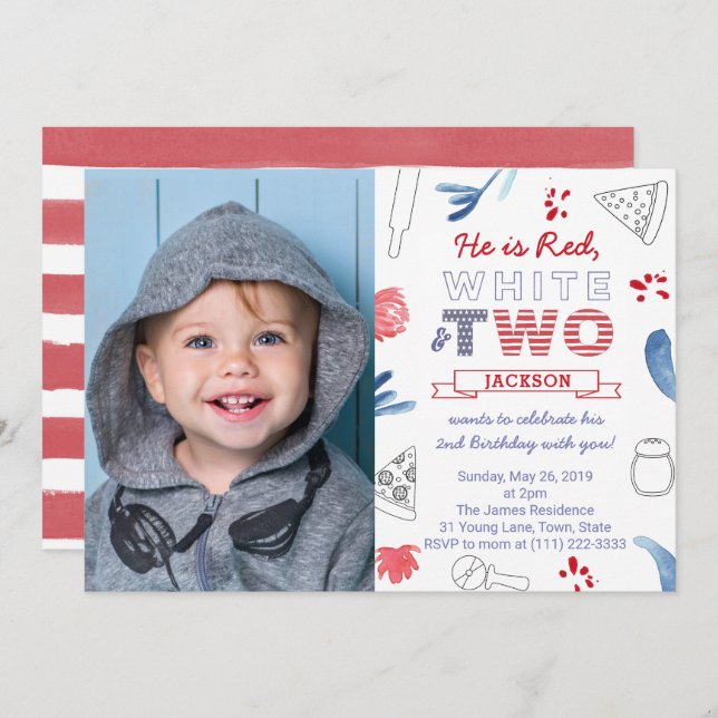 Red White TWO 2nd Birthday Party With Pizza Invitation (Front/Back)