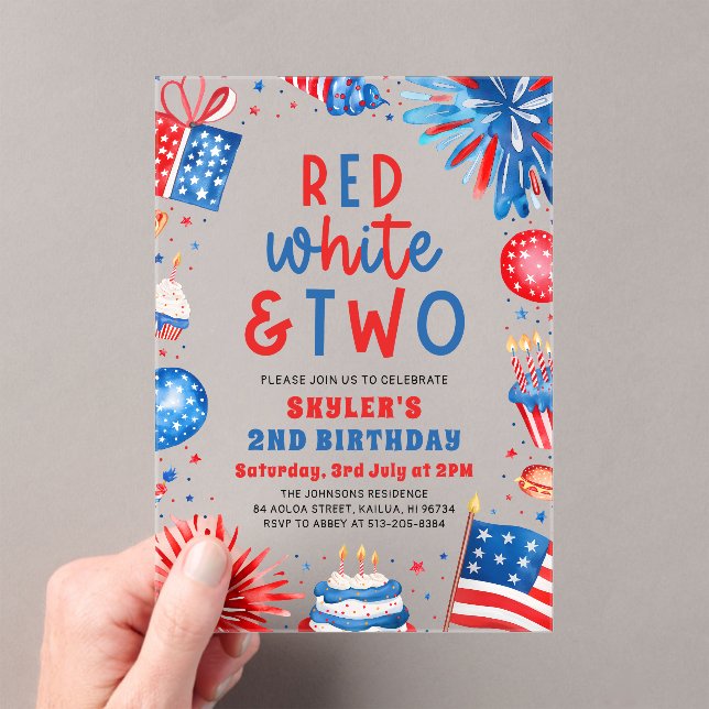 Red, White & Two 4th July 2nd Birthday Party Acrylic Invitations (Insitu (Handheld))