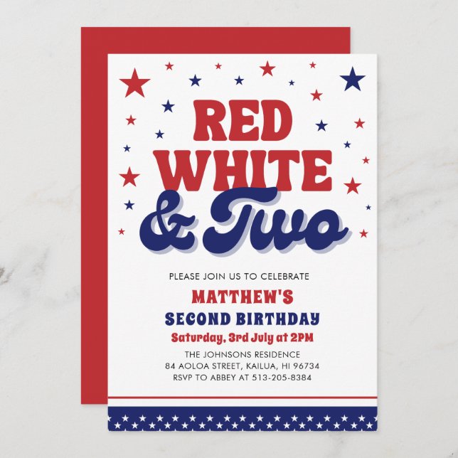 Red, White & Two 4th July 2nd Birthday Party Invitation (Front/Back)