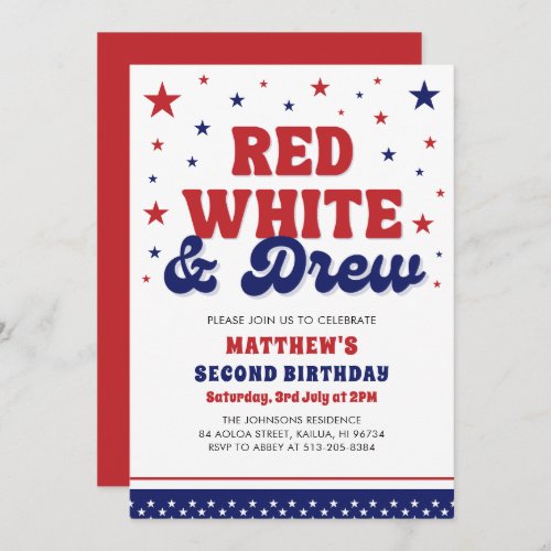 Red White  Two 4th July 2nd Birthday Party Invitation