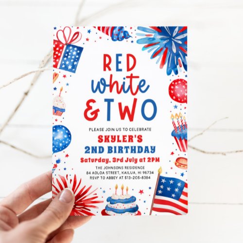 Red White  Two 4th July 2nd Birthday Party Invitation