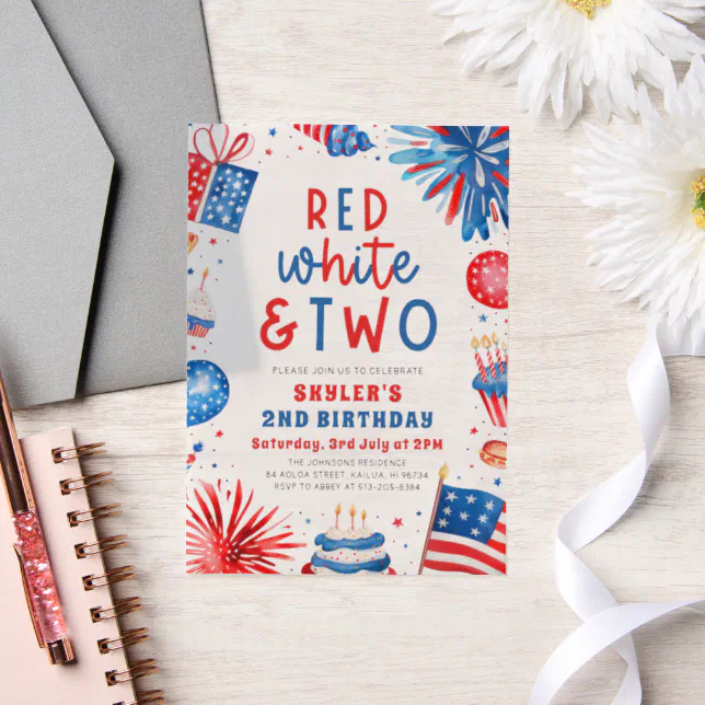 Red, White & Two 4th July 2nd Birthday Party Vellum Invitations | Zazzle