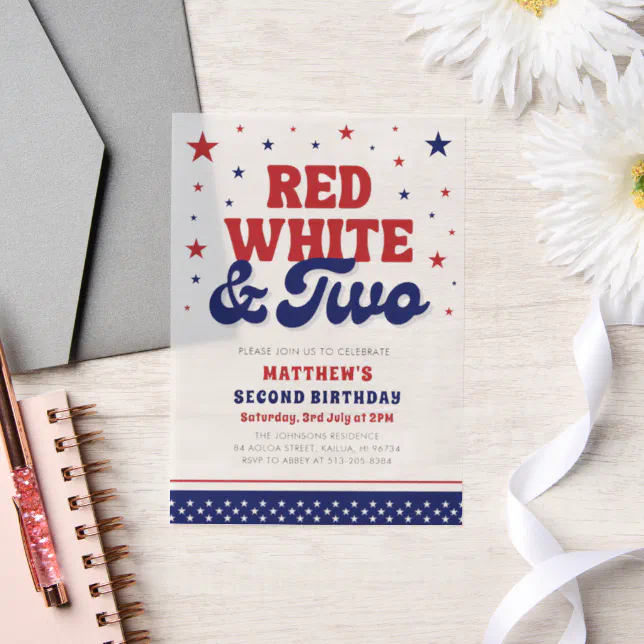 Red, White & Two 4th July 2nd Birthday Party Vellum Invitations | Zazzle