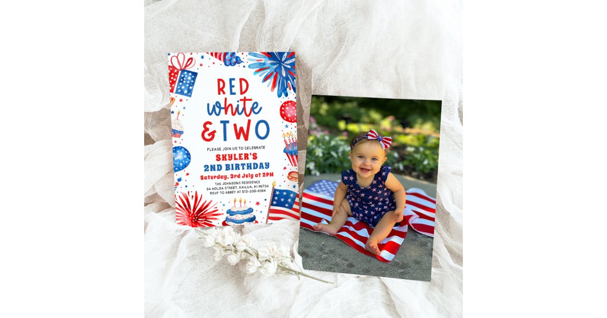 Red, White & Two 4th July 2nd Photo Birthday Party Invitation | Zazzle