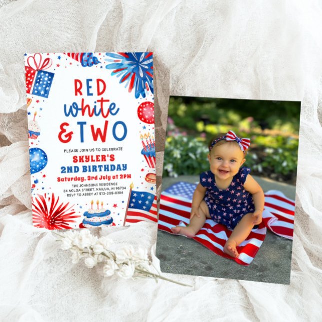 Red, White & Two 4th July 2nd Photo Birthday Party Invitation (Watercolor Fireworks Patriotic 4th July Red, White & Two 2nd Photo Birthday Party Invitation)