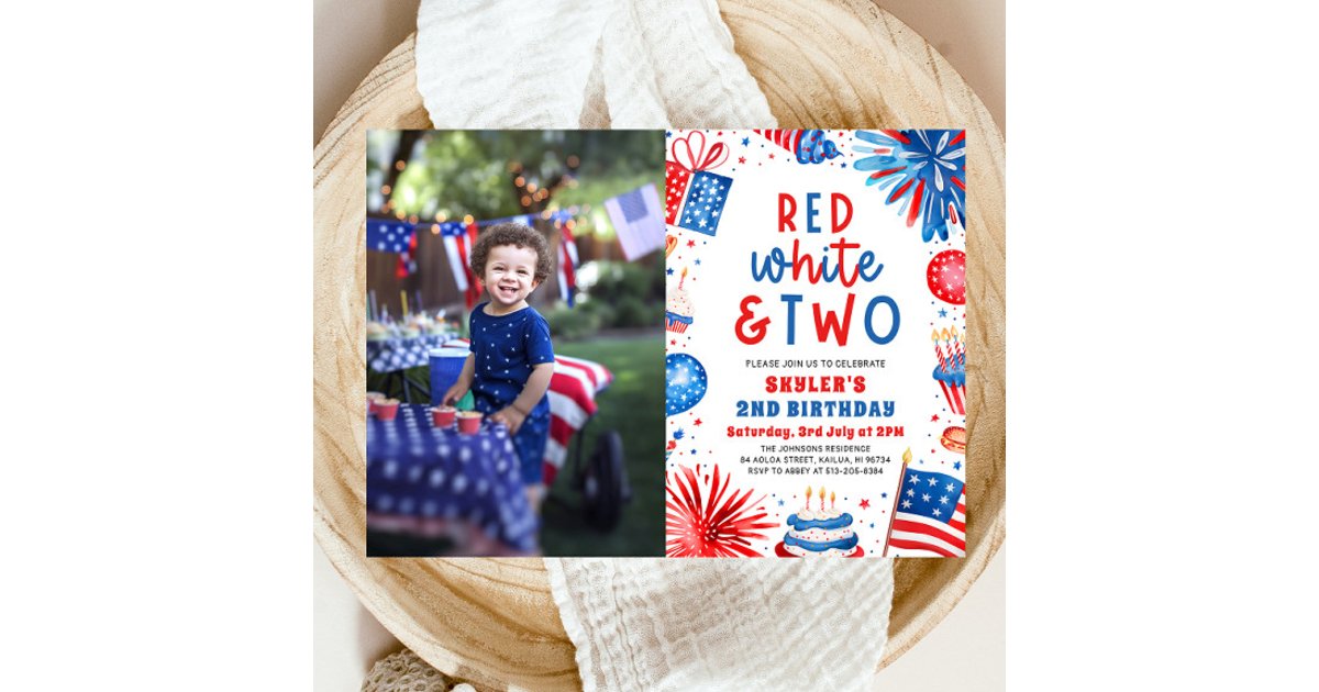 Red, White & Two 4th July 2nd Photo Birthday Party Invitation | Zazzle