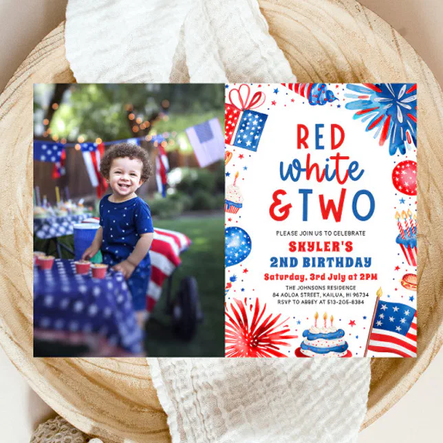 Red, White & Two 4th July 2nd Photo Birthday Party Invitation | Zazzle