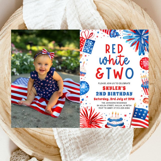 Red, White & Two 4th July 2nd Photo Birthday Party Invitation (Watercolor Partiotic Fireworks Red, White & Two 4th July 2nd Photo Birthday Party Invitation)