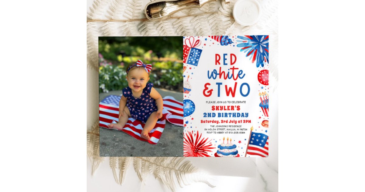 Red, White & Two 4th July 2nd Photo Birthday Party Invitation | Zazzle