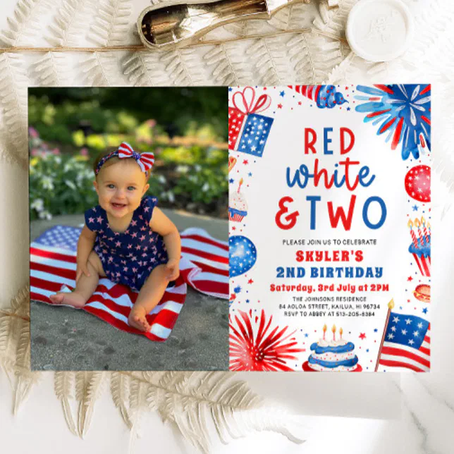 Red, White & Two 4th July 2nd Photo Birthday Party Invitation | Zazzle