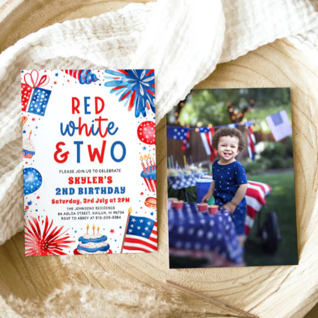 Red, White & Two 4th July 2nd Photo Birthday Party Invitation | Zazzle