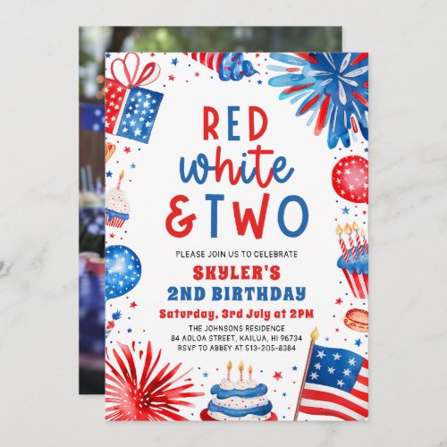 Red White  Two 4th July 2nd Photo Birthday Party Invitation