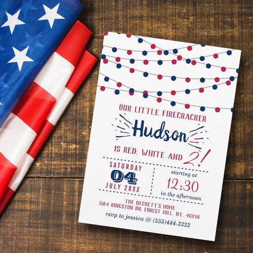 Red White  Two 4th Of July 2nd Birthday Party Invitation