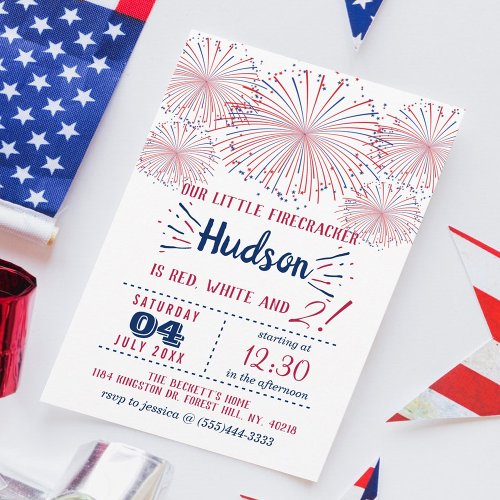 Red White  Two 4th Of July 2nd Birthday Party Invitation