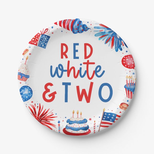 Red, White & Two 4th of July 2nd Birthday Party Paper Plates (Front)