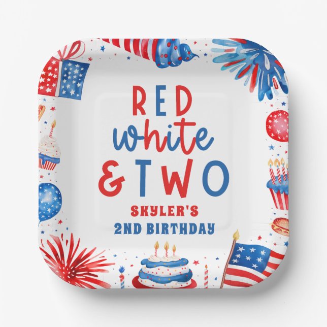 Red, White & Two 4th of July 2nd Birthday Party Paper Plates (Front)