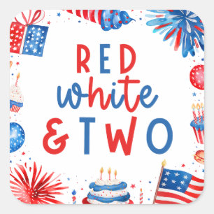 Red, White & Two 4th of July 2nd Birthday Party Square Sticker