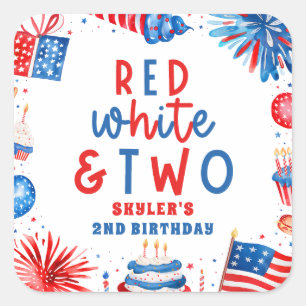 Red, White & Two 4th of July 2nd Birthday Party Square Sticker