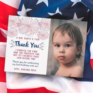 Red, White & Two 4th Of July 2nd Birthday Photo Thank You Card