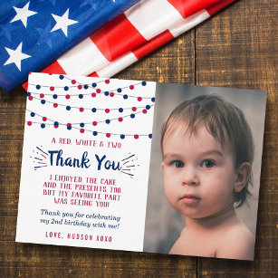 Red, White & Two 4th Of July 2nd Birthday Photo Thank You Card