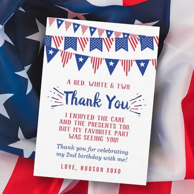 Red, White & Two 4th Of July 2nd Birthday Thank You Card (Creator Uploaded)
