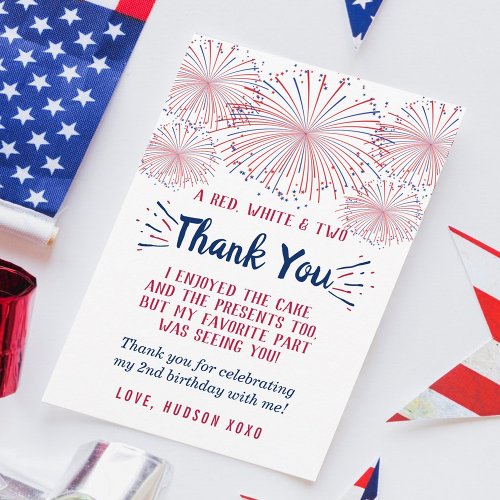 Red White  Two 4th Of July 2nd Birthday Thank You Card