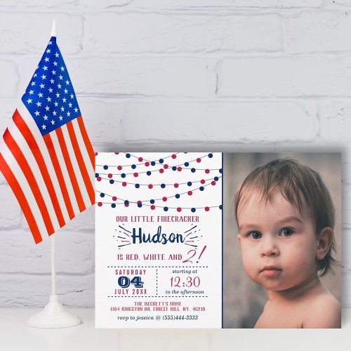 Red White  Two 4th Of July Photo 2nd Birthday Invitation