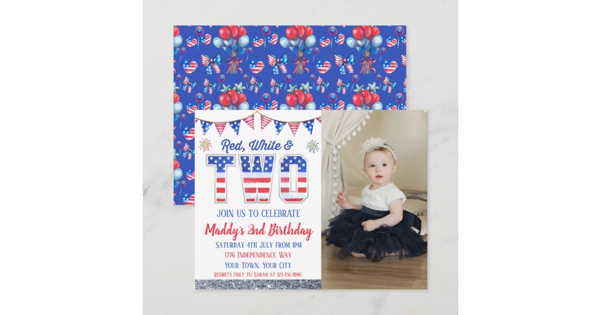 Red White & Two Fourth of July Photo Birthday Invitation | Zazzle