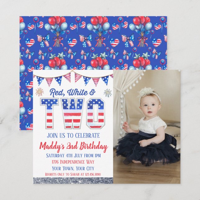 Red White & Two Fourth of July Photo Birthday Invitation (Front/Back)