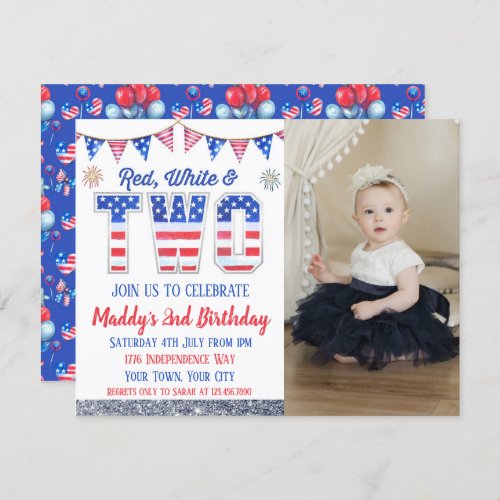 Red White  Two Fourth of July Photo Birthday Invitation