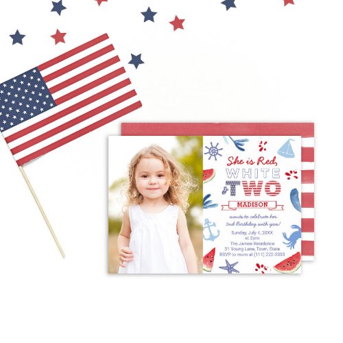 Red White TWO Seaside Shells 2nd Birthday Party Invitation