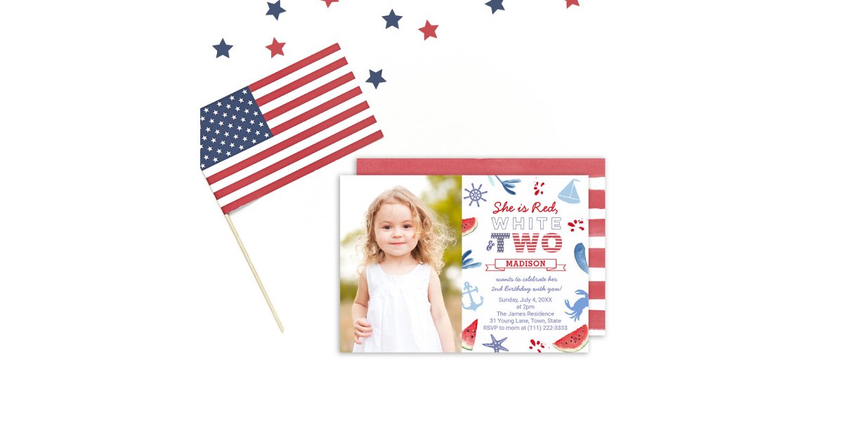 Red White TWO Seaside Shells 2nd Birthday Party Invitation | Zazzle